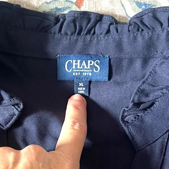Chaps est 1978, Navy Button-Front,Ruffle-Cuff,Shirt-Dress,Tie-Waist ,EUC,Size XL - Picture 3 of 14